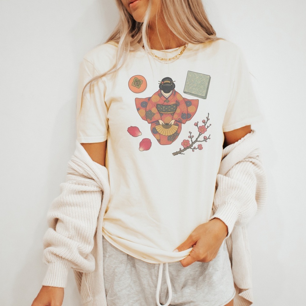 Geisha Holding Her Fan Among Blossoms Tee